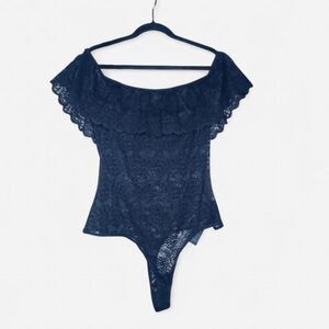 EAC Women's Black Lace Bodysuit with Ruffle Off-The-Shoulder Scalloped Ruffle XL